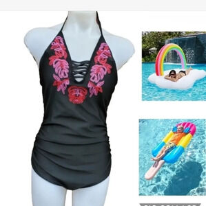 Black halter  embroidered‎ swimsuit S